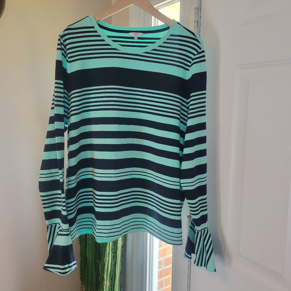 NWT Crown & Ivy Sea Blue Striped Flare Long‎ Sleeve Shirt, Size XXL